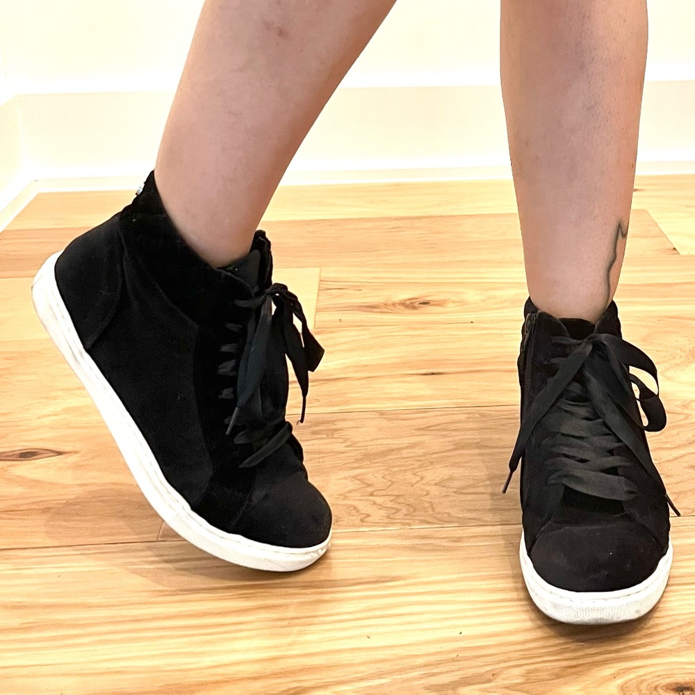 black velvet satin ribbon laced high-top sneakers